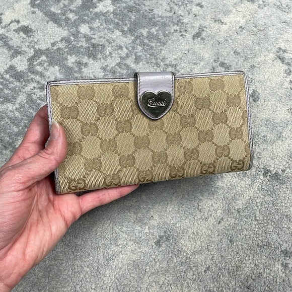 Gucci Monogram GG Long Wallet Double Sided Tan Lilac Heart Clasp